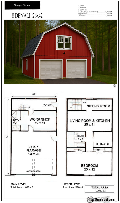 Denali 26x42 garage home kit floorplan with workshop, two-car garage, upper living area, and bedroom layout