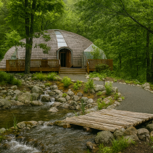 Dome home with wraparound deck near forest stream and natural rock landscaping