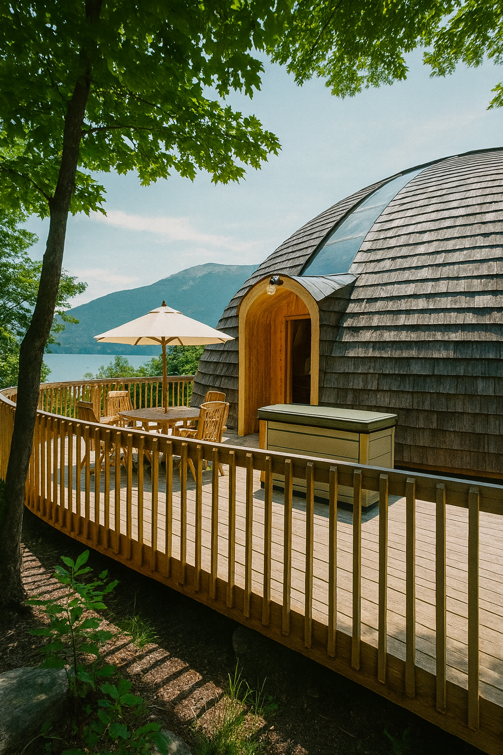Dome home with curved deck overlooking lake and mountains
