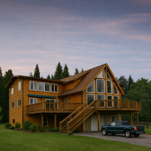 The Olympic 42×80 contemporary chalet kit home with dramatic glass gable, wraparound deck, and elevated main level.