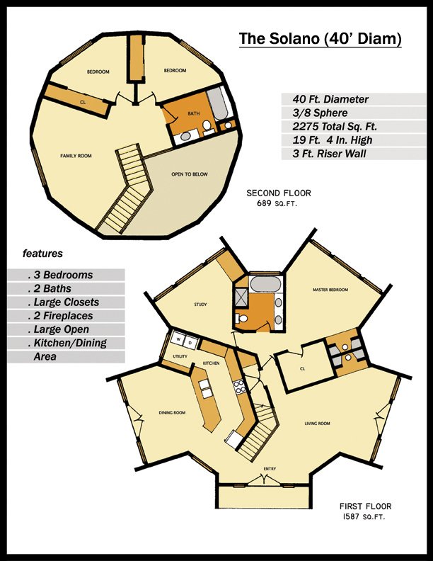 The Solano 40’ Diameter dome home floorplan showing first and second levels with open living, kitchen, dining, bedrooms, study, and loft.